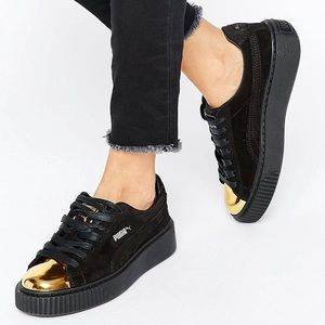 Puma Suede Platform Sneakers, Black w/ Gold Toe